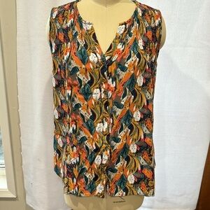 Caffé Marrakesh Sz L Tropical print blue pink gold sleeveless blouse